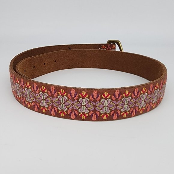 Lucky Brand Embroidered Leather Belt Purple Flowers on Brown Size M - Picture 6 of 8